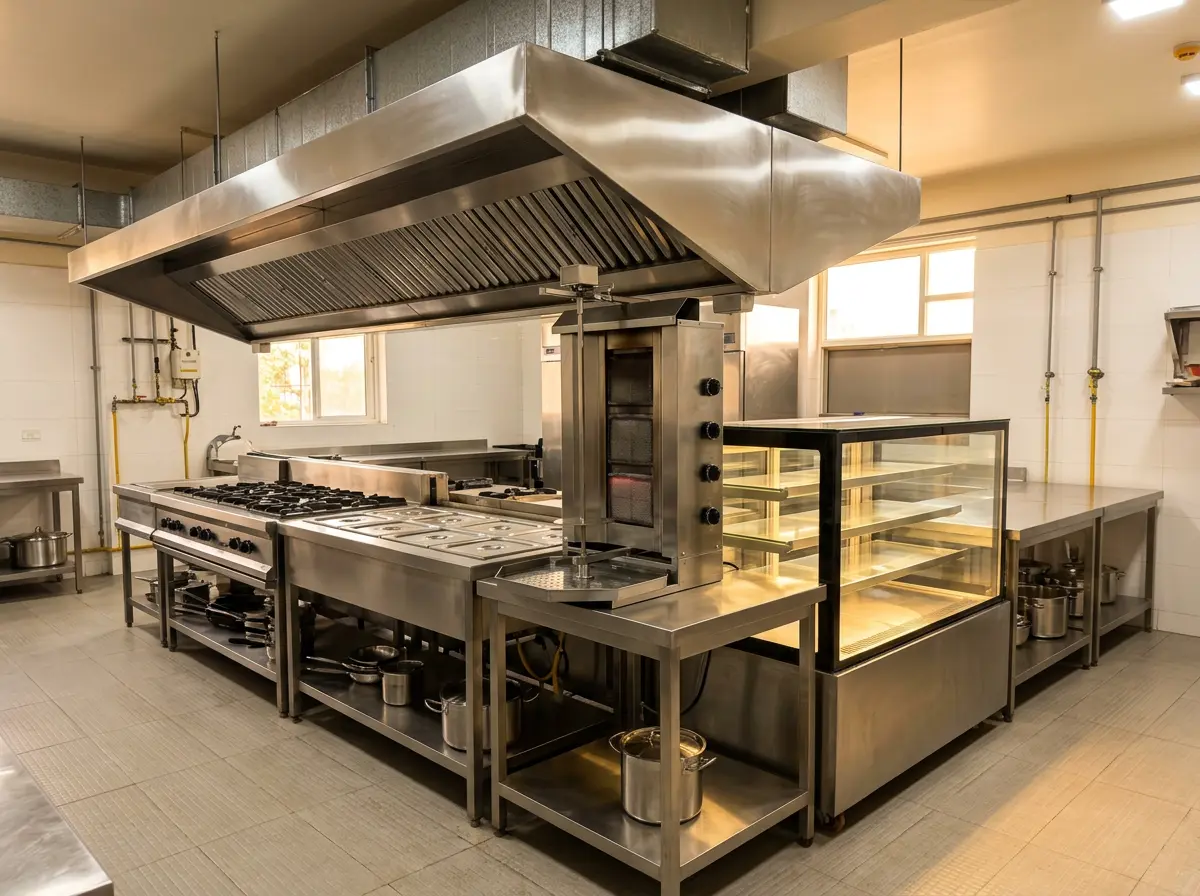 Bain marie, shawarma machine, gas ranges, display counter and stainless-steel commercial kitchen equipment under an exhaust hood.